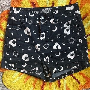 Black High-Rise Button Front Shorts with Moon and Sun Print